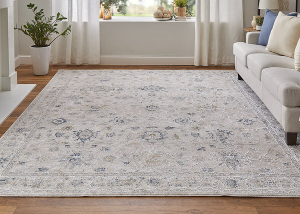 Feizy Rugs Pasha Collection Vibrant Floral Low Pile Rug – Stain-resistant, Soft, And Perfect For High-traffic Areas Ivory,Taupe,Blue Polyester Pas39m7fbgeblug01