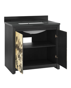 Currey & Company Karlson 36" Bath Vanity With Abstract Pattern Doors, Black Granite Top & Undermount Sink Storage Solutions Black Oak Solids & Veneer ,Leather Vellum ,Granite ,Vitreous China 3800-0014-currey-company