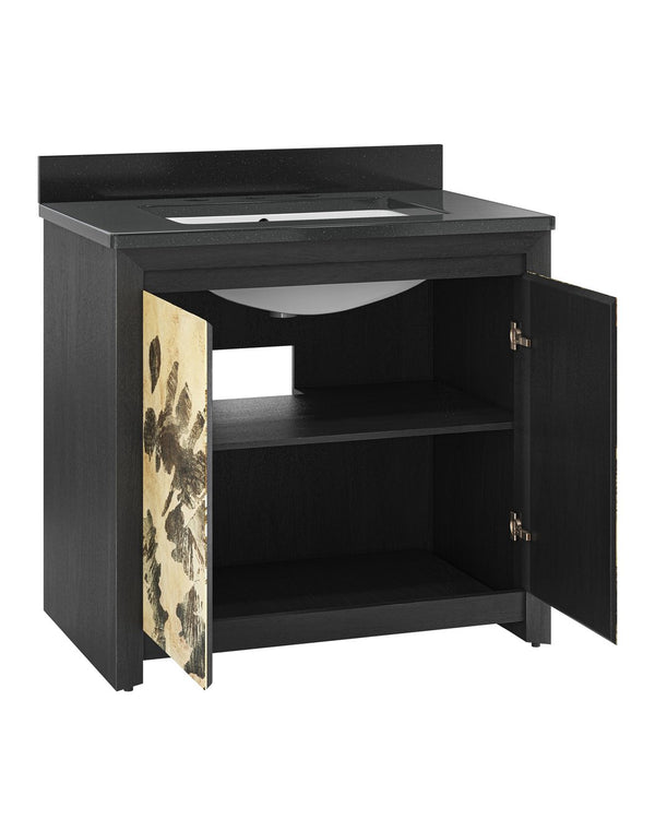 Currey & Company Karlson 36" Bath Vanity With Abstract Pattern Doors, Black Granite Top & Undermount Sink Storage Solutions Black Oak Solids & Veneer ,Leather Vellum ,Granite ,Vitreous China 3800-0014-currey-company