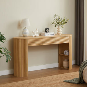 English Elm [video] Retro Fluted Console Table with 3 Drawers Open Niche Mid-century Entryway Natural N759P283616N