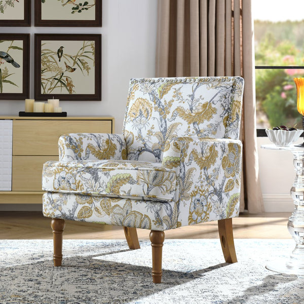 English Elm Accent Slipper Chair Botanical Tapestry Upholstery Nailhead Trim Solid Wood Legs Farmhouse Earthy Yellow W5568P445701