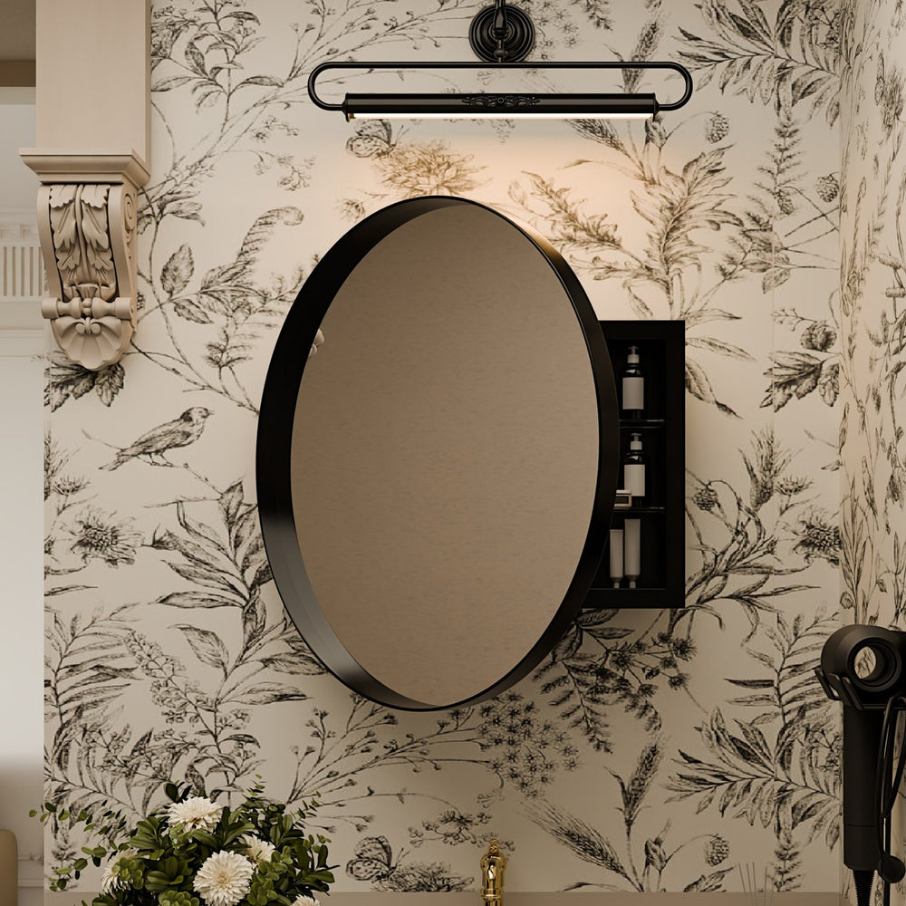 English Elm 23.6 Inch Round Matte Metal Medicine Cabinet with Mirrored Door and Adjustable Shelves Black W1435P312263