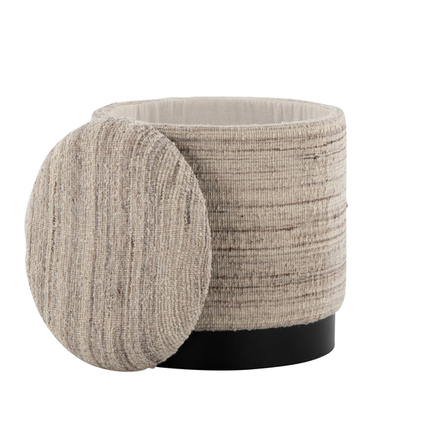 English Elm 18" Handwoven Wool Storage Ottoman with Black Metal Base for Modern Living Rooms B202P471517