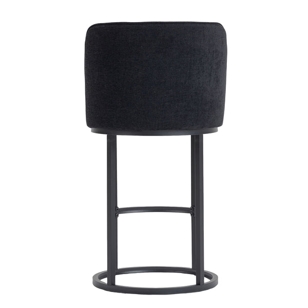 English Elm Counter Height Barstools Set of 2 Linen Upholstered Barrel Seat with Iron Legs Black W395P410438