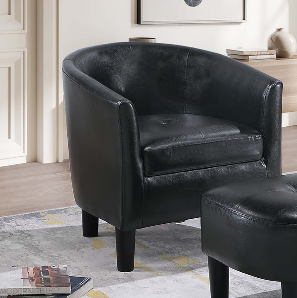 English Elm Sleek Black Faux Leather Accent Chair with Ottoman, Curved Barrel Back, Tapered Legs, Compact Comfort B011P369870