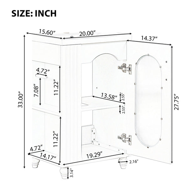 English Elm 20" Bathroom Vanity with Sink Compact Modern Freestanding MDF & Ceramic Undermount Sink Cabinet with Door and Two-Tier Shelf, Toilet Paper Holder, Adjustable Shelf, Sleek Rectangular Design White N725P246925K