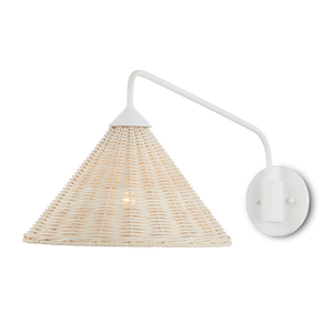 Basket White Swing-Arm Wall Sconce: Chic Coastal Design with Natural Woven Shade & Iron Frame