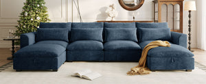 English Elm U_style Modular U-shaped Sectional Sofa Six Seat Linen Fabric with Storage Ottomans Dark Blue WY000491AAC
