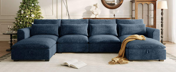 English Elm U_style Modular U-shaped Sectional Sofa Six Seat Linen Fabric with Storage Ottomans Dark Blue WY000491AAC