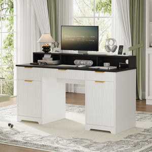 English Elm Executive Home Office Desk with Power Outlets Monitor Stand and File Storage T3773P417164