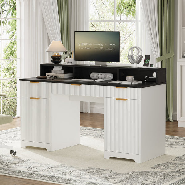 English Elm Executive Home Office Desk with Power Outlets Monitor Stand and File Storage T3773P417164