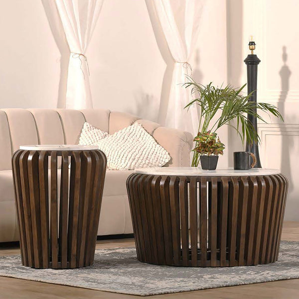 English Elm Modern Solid Wood Round End Table with White Marble Top, Acacia Slatted Base, Durable Elegant Decor B2741P286096