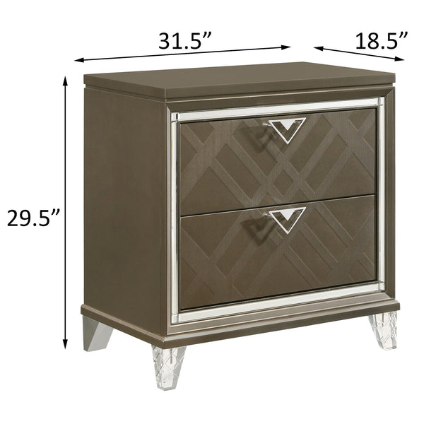 English Elm Dark Champagne Mirrored Nightstand with Acrylic Legs, 2 Drawers, Metal Knobs & Safety Stops — Glamorous Bedroom Accent B062P186502