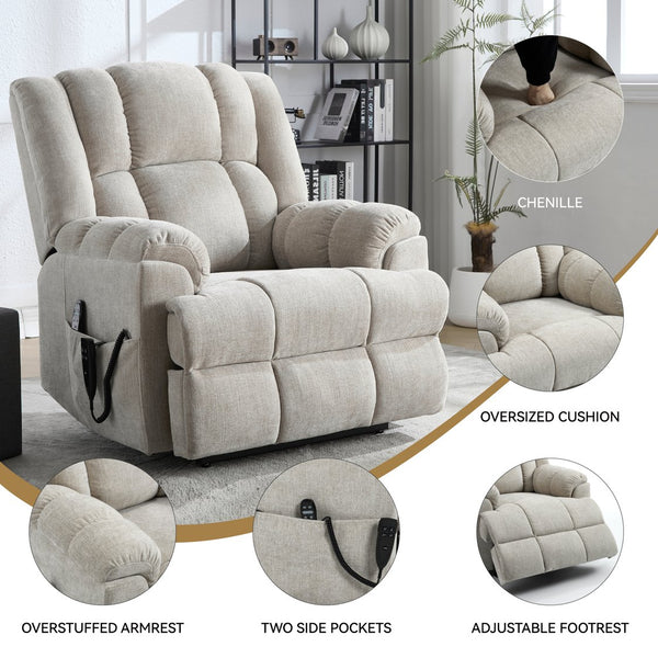 English Elm Dual Motor Power Lift Recliner Chenille Chair with Massage Heat and Infinite Positions Beige W3224P288434