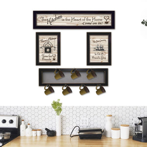 English Elm "kitchen Culinary Art Panel with 7 Peg Mug Rack Handcrafted Wood Black Frame Wall Decor B06787078
