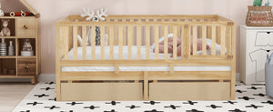 English Elm Full Size Pinewood Kids Daybed with Fence Rails Split Floor Bed and Storage Drawers Natural LP100882AAN