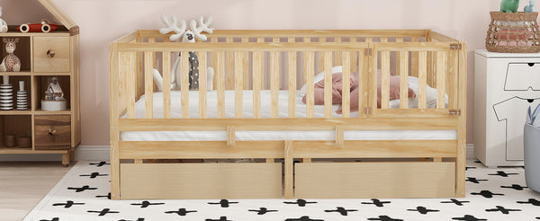 English Elm Full Size Pinewood Kids Daybed with Fence Rails Split Floor Bed and Storage Drawers Natural LP100882AAN