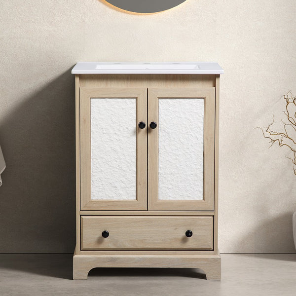 English Elm Bathroom Vanity with Oval Ceramic Sink One Drawer Soft Close Cabinet in White W3402S00005