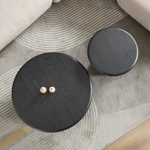 English Elm 2-piece Nesting Round Coffee Table Set Wood Veneer Sculptural Living Room Accent Black W2582S00185