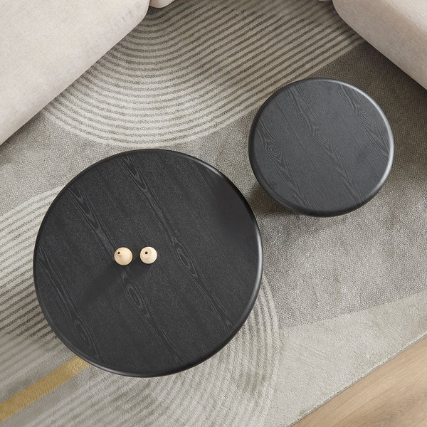 English Elm 2-piece Nesting Round Coffee Table Set Wood Veneer Sculptural Living Room Accent Black W2582S00185