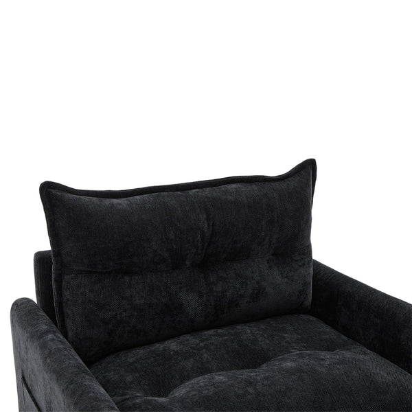 English Elm UNITED Swivel Barrel Chair with Chenille Upholstery, 360° Smooth Rotation, Padded Arm Comfort and Side Pockets for Living Room Relaxation Black W1568P290088