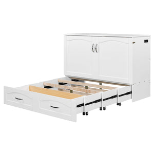 English Elm Full Size Murphy Wall Bed with Storage Drawers Usb Charging Ports and Pulley Mechanism White LP100670AAK