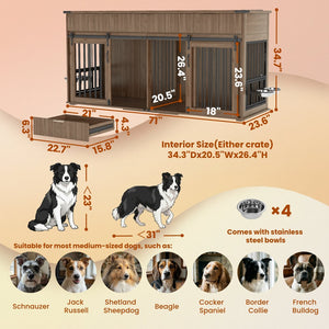 English Elm 71'' Walnut Woodgrain Dog Kennel Cabinet with Fluted Drawers and Built-in Power Station W5216S00002