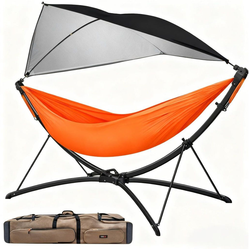 English Elm Portable Hammock with Quick Fold Stand Ripstop Nylon Sunshade 650 Lb Capacity Black W3457P379387