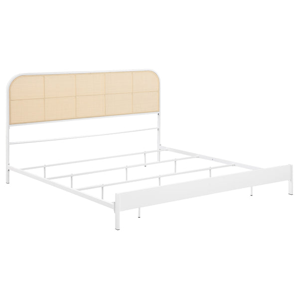 English Elm Kenneth White Steel Eastern King Bed with Woven Cane Rattan Headboard for Coastal Rooms B062P440083