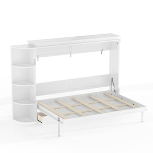 English Elm Queen Murphy Wall Bed with Side Cabinets Open Shelving and Drawers for Studio Rooms White W1580S00452