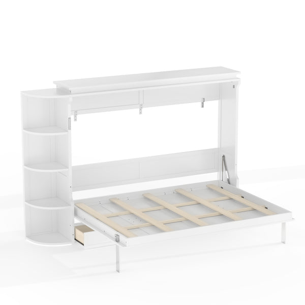 English Elm Queen Murphy Wall Bed with Side Cabinets Open Shelving and Drawers for Studio Rooms White W1580S00452
