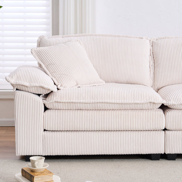 English Elm Corduroy Plush 2-Seat Sofa with 2 Back Cushions, Toss Pillows & Ottomans — Deep Seat Comfort White W2363S00062