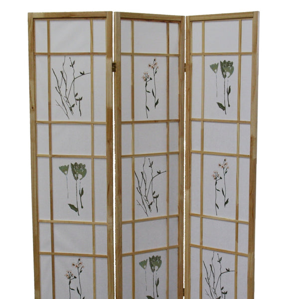 English Elm 70" Elegant Shoji-Style 3-Panel Room Divider Screen With Floral Print - Natural Solid Pine Design B072115966