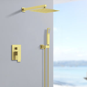 English Elm Shower System Wall-Mounted Faucet Combo With 12" Rainfall Head & Handheld Sprayer, Brushed Gold T3177P269151-GIGA