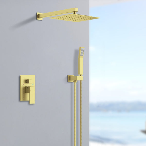 English Elm Shower System Wall-Mounted Faucet Combo With 12" Rainfall Head & Handheld Sprayer, Brushed Gold T3177P269151-GIGA