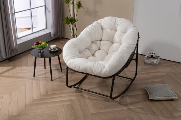 English Elm Outdoor Woven Rattan Egg Rocking Chair with Padded Cushion for Patio Porch Resort Lounge Ancient White W640P499471