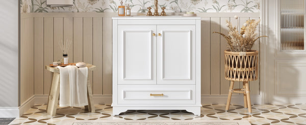 English Elm 30" Elegant Bathroom Vanity with Ceramic Sink, French-Inspired Compact Cabinet with Drawer & Shelf White N710P317676K