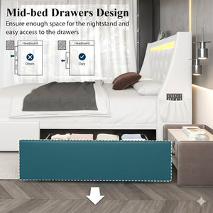 English Elm Queen Platform Bed Wingback Diamond Quilted Headboard Led Lighting Storage Drawers White W5722P462686