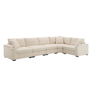 English Elm 104" Corduroy L-shaped Sectional with Usb Charging Armrest Storage and Cup Holders Beige N723S1187A
