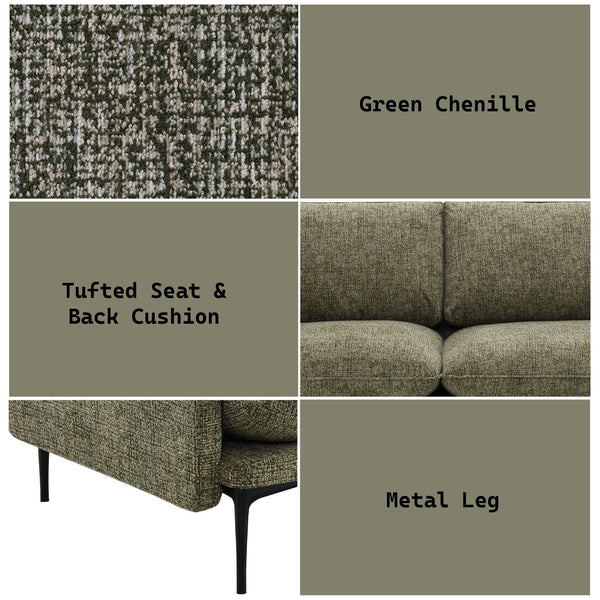 English Elm Dalton Green Chenille Sofa with Tufted Compressed Cushions, 2 Accent Pillows, Metal Legs, 440lb Capacity B2726P406277