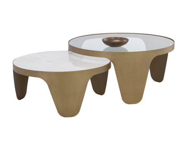 Sunpan Mysaria Nesting Coffee Tables Set of 2 - Sculptural Design with Antique Brass Base & Marble Top