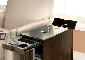English Elm Transitional Side Table with Built-In USB & Power Dock, Pull-Out Cup Holder and Spacious Cabinet Storage Gray 15 L x 27 W x 27 H B2741P341687