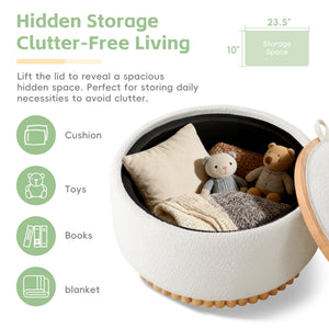 English Elm 29" Round Boucle Storage Ottoman Sculptural Wood Base Reversible Lid Living Room Beige N723P405304A