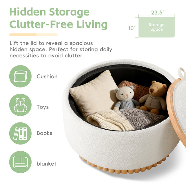 English Elm 29" Round Boucle Storage Ottoman Sculptural Wood Base Reversible Lid Living Room Beige N723P405304A