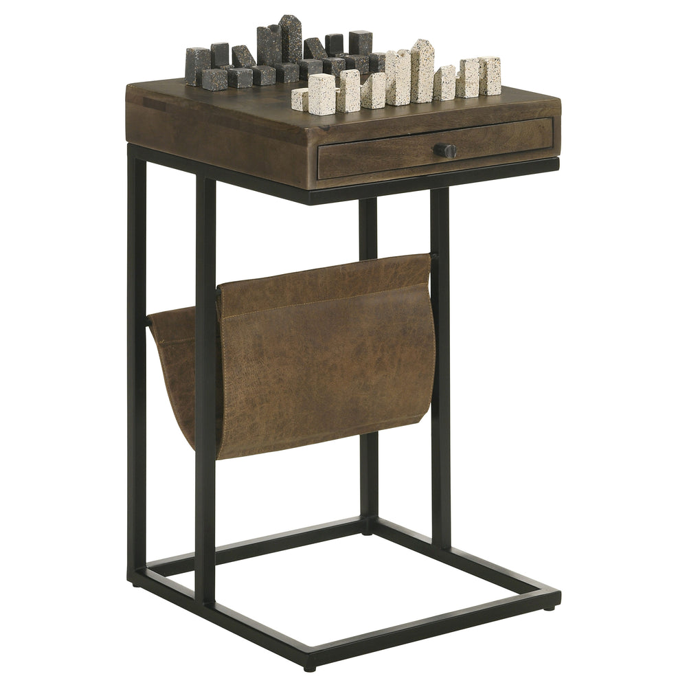 English Elm Checkmate Mango Wood Chess Board Side Table with Iron Frame and Leatherette Storage B062P441031