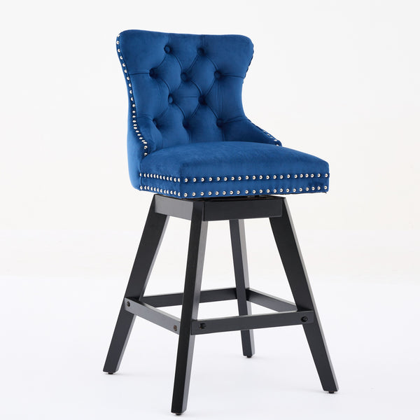 English Elm Swivel Velvet Barstools with Tufted Button Back, 360° Rotate, Plush Foam & Rubberwood Frame Blue W1143P241331
