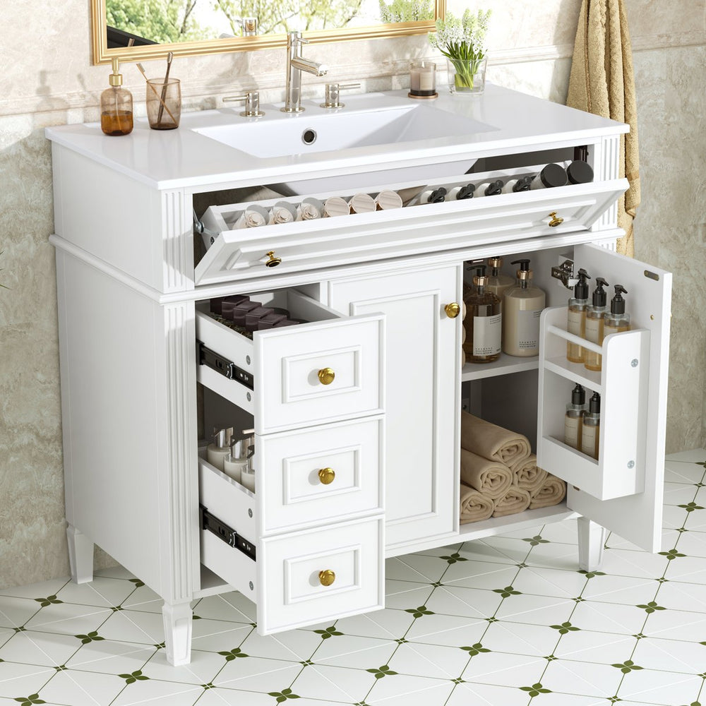 English Elm 36 Inch Freestanding Bathroom Vanity Sage Pine Cabinet Gold Hardware Ceramic Sink White N725P366468K