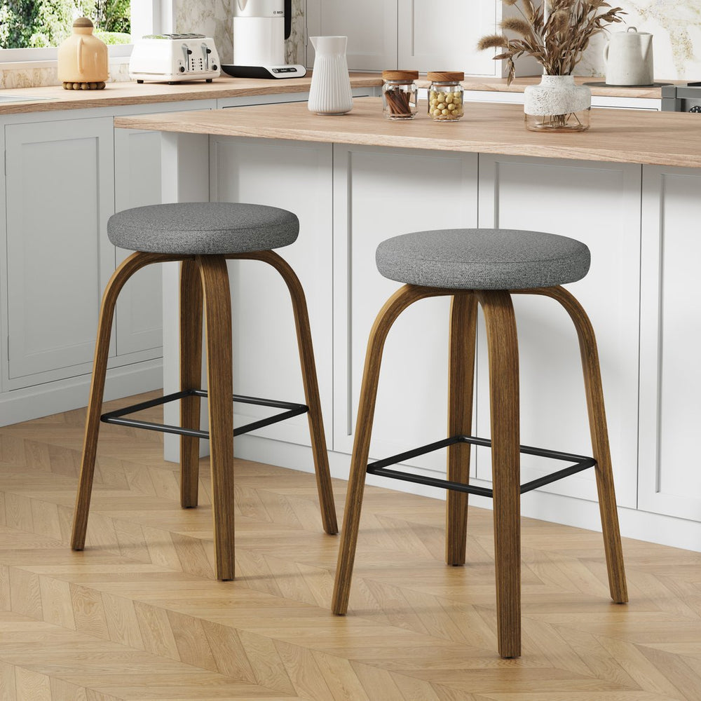 English Elm Swivel Backless Counter Stools Set of 2 with Fabric Seat Bentwood Legs Mid-century Modern Gray W3107P446889