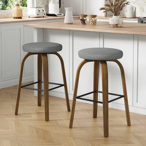 English Elm Swivel Backless Counter Stools Set of 2 with Fabric Seat Bentwood Legs Mid-century Modern Gray W3107P446889
