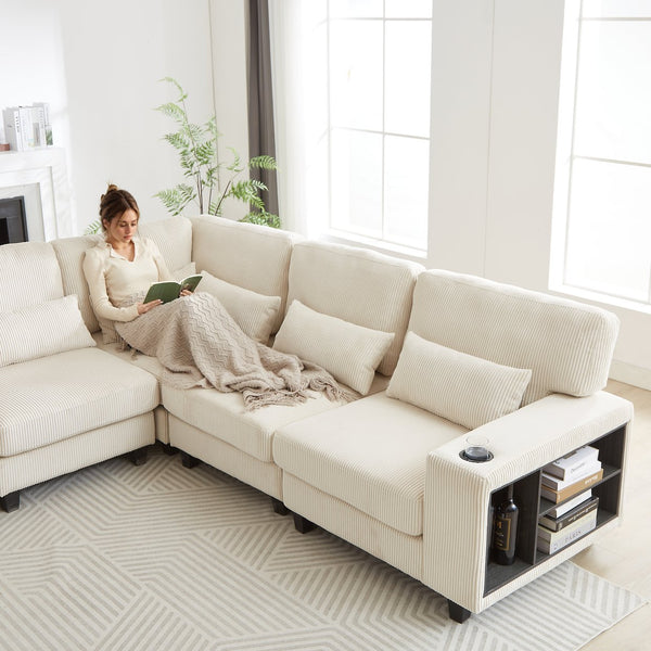 English Elm 102.75*102.75" L-Shaped Modular Sectional Sofa with Corduroy Upholstery, Storage Arm, Cup Holder, 5-Seat Convertible Lounge Beige W1926S00053